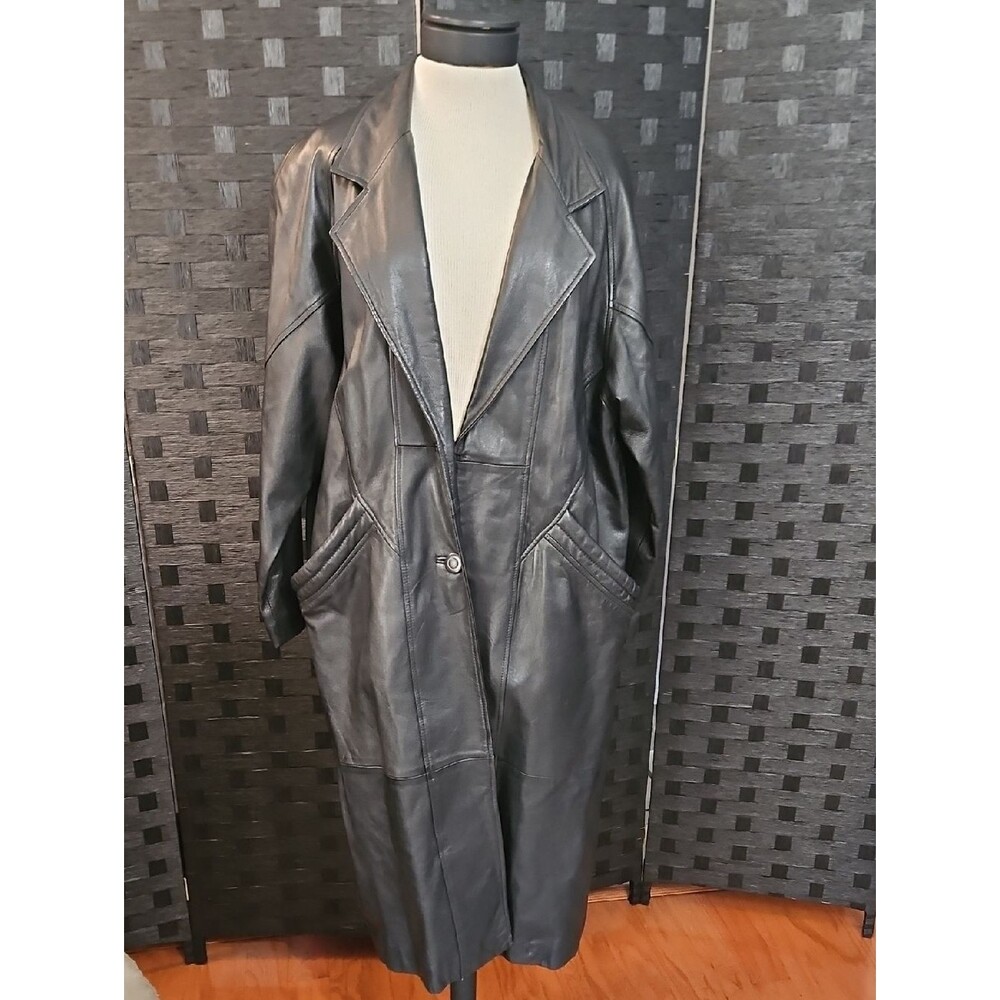 Preston & York Classic Black 100% Leather Full length Trench Coat Size PL